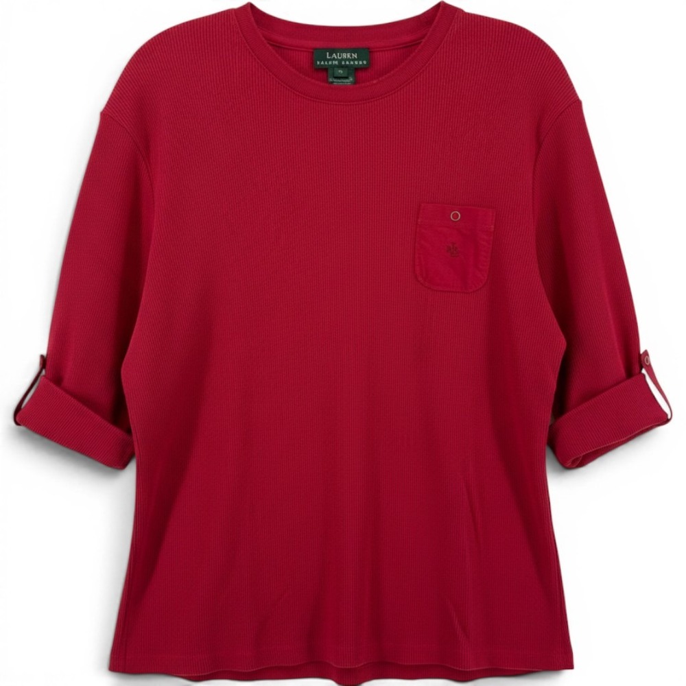 Lauren Ralph Lauren Red Ribbed Cotton Roll Tab Sleeve Pocket Top XL Preppy